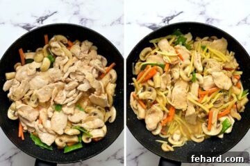 Side by side photo of saute pan before and after adding bamboo shoots.