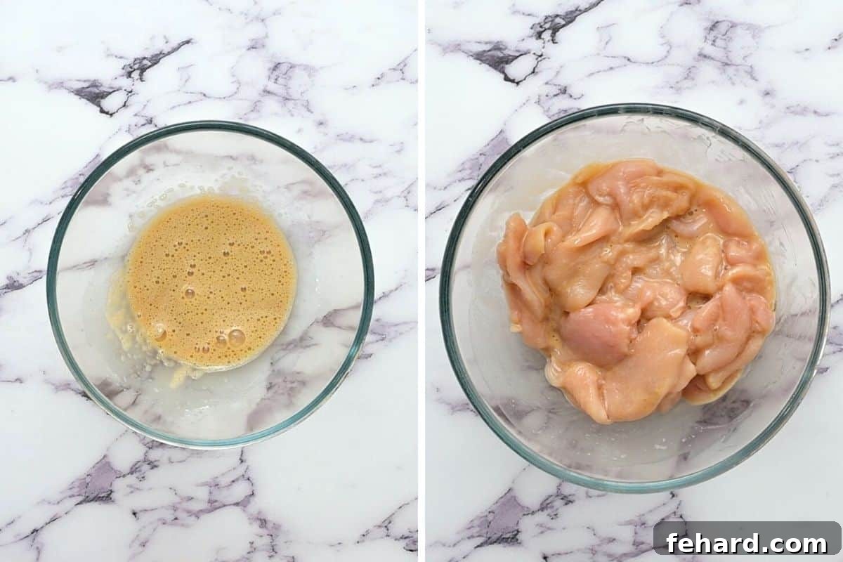 Two photos: first shows egg white and cornstarch being whisked, second shows thinly sliced chicken pieces fully coated in the egg white and cornstarch marinade, ready for velveting for Moo Goo Gai Pan.