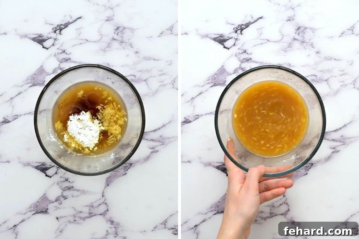 Side-by-side comparison: first image shows individual ingredients for Moo Goo Gai Pan sauce in a bowl, second shows the same ingredients expertly whisked together into a smooth, consistent sauce.