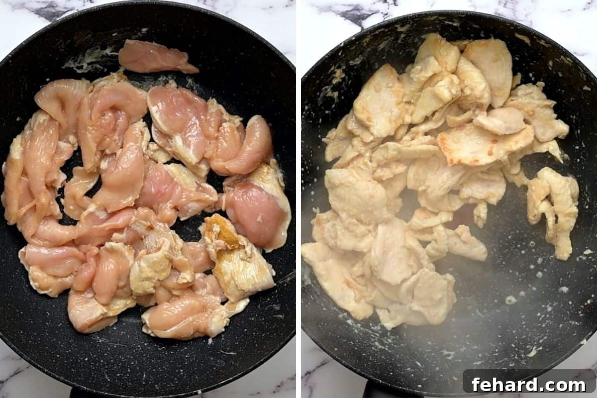 Two photos: first shows a hot sauté pan with a small amount of oil, second shows marinated chicken pieces browning slightly in the pan during stir-frying, before being removed.