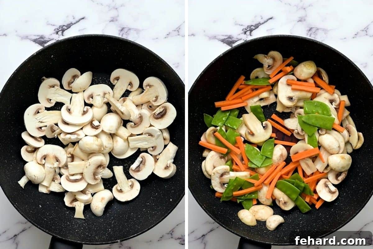 Two photos: first shows sliced mushrooms being stir-fried in a pan, second shows sliced carrots and snow peas added to the mushrooms, cooking until crisp-tender and brightly colored.