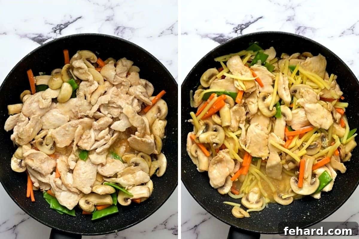 Two photos: first shows cooked chicken and stir-fried vegetables in a pan with the sauce added, second shows the sauce thickened and coating all ingredients evenly, including bamboo shoots.