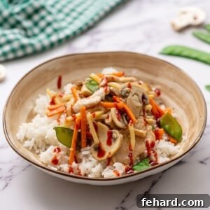 Bowl of Moo Goo Gai Pan served with rice and hot sauce.