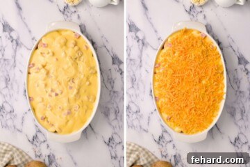Side-by-side dish showing layered potatoes with cheesy sauce and then topped with extra cheese.