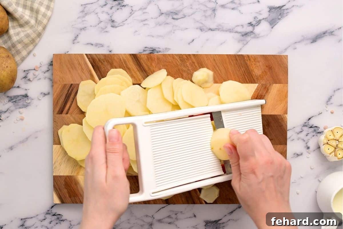 Demonstration of slicing potatoes on a mandoline into thin, even slices for scalloped potatoes.