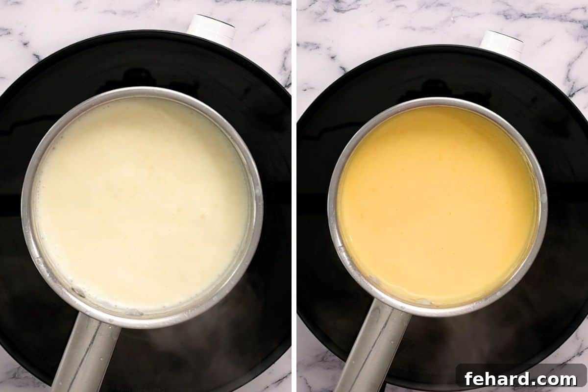 Side-by-side photo illustrating the smooth, creamy consistency of the cheese sauce after simmering and incorporating cheese.