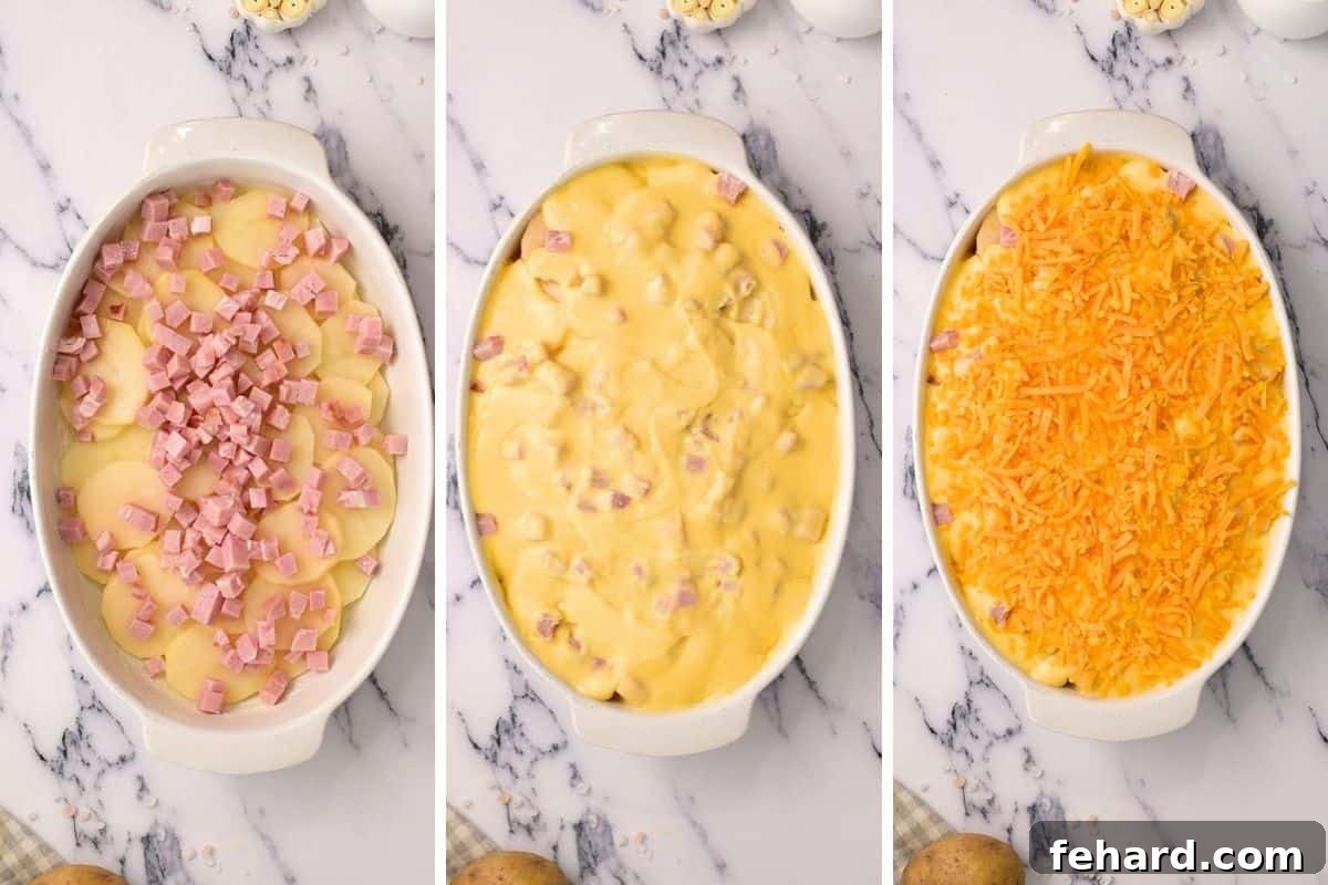 Series of three photos showing the layering process: potatoes and ham in a baking dish, topped with cheese sauce, then finished with more cheese.