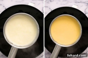 Side by side photo showing cheese sauce after simmering.