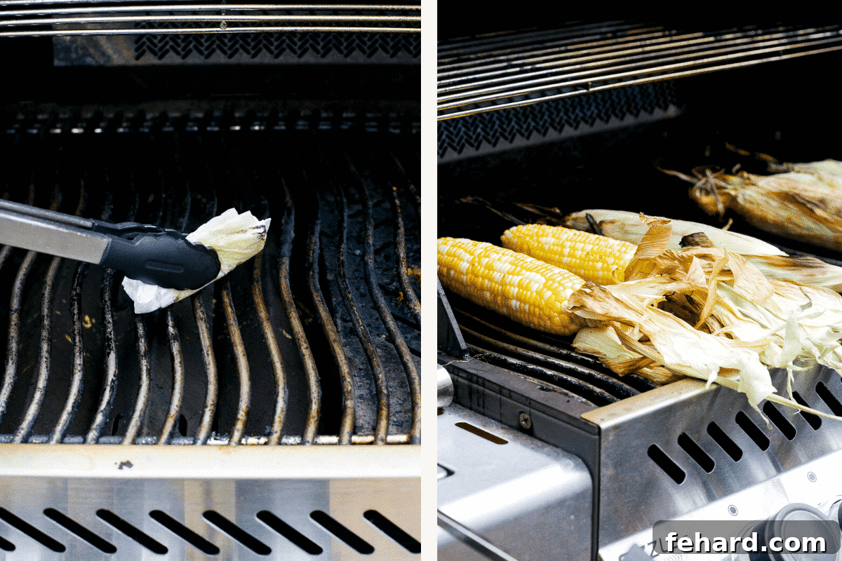 Photo Collage (and shown): two photos of corn on a cob in a grill