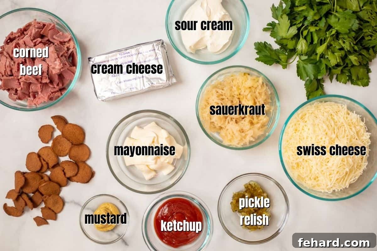 Ingredients for Reuben Dip Labeled on Counter.