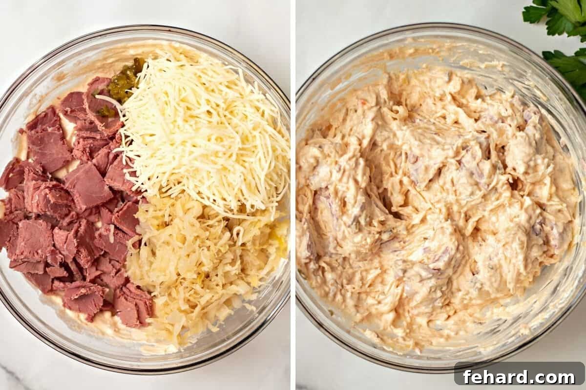 Side by side mixing bowl with ingredients for reuben dip before and after mixing.