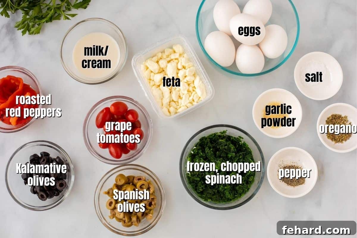 Carefully arranged ingredients for Spinach Frittata on a kitchen counter: fresh eggs, milk, spinach, tomatoes, olives, feta, and spices.
