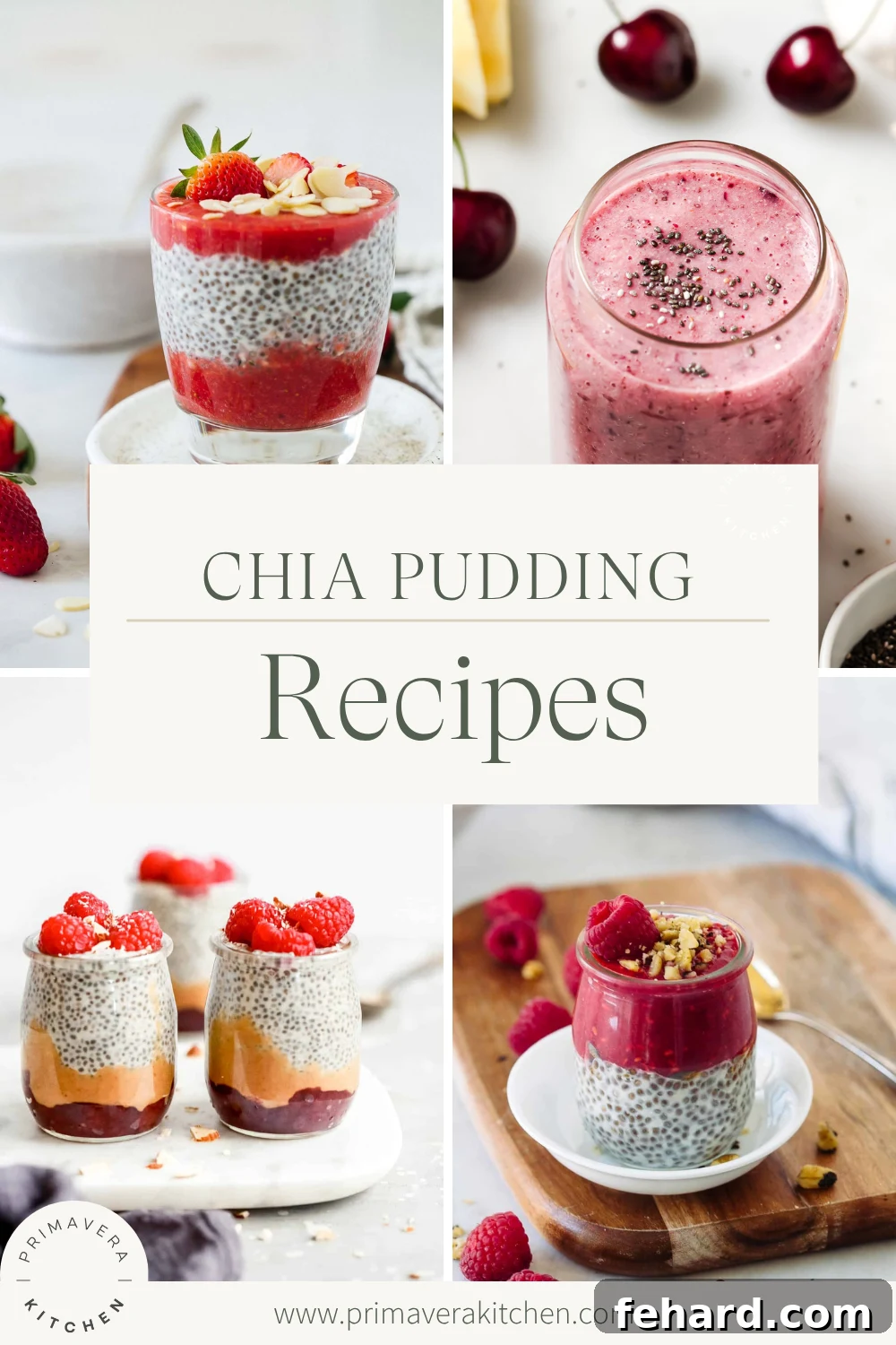 A vibrant collage showcasing four different chia seed pudding creations, featuring fresh berries, kiwi, and chocolate drizzles. The title '10 Delicious Chia Seed Recipes' is elegantly overlaid, inviting viewers to explore healthy dessert options.