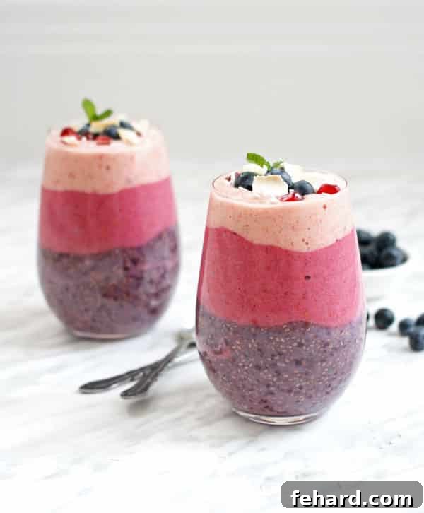An aesthetically pleasing Açaí chia pudding, presented in a serving glass with distinct layers of light pink, vibrant pink, and deep purple, showcasing its natural beauty.