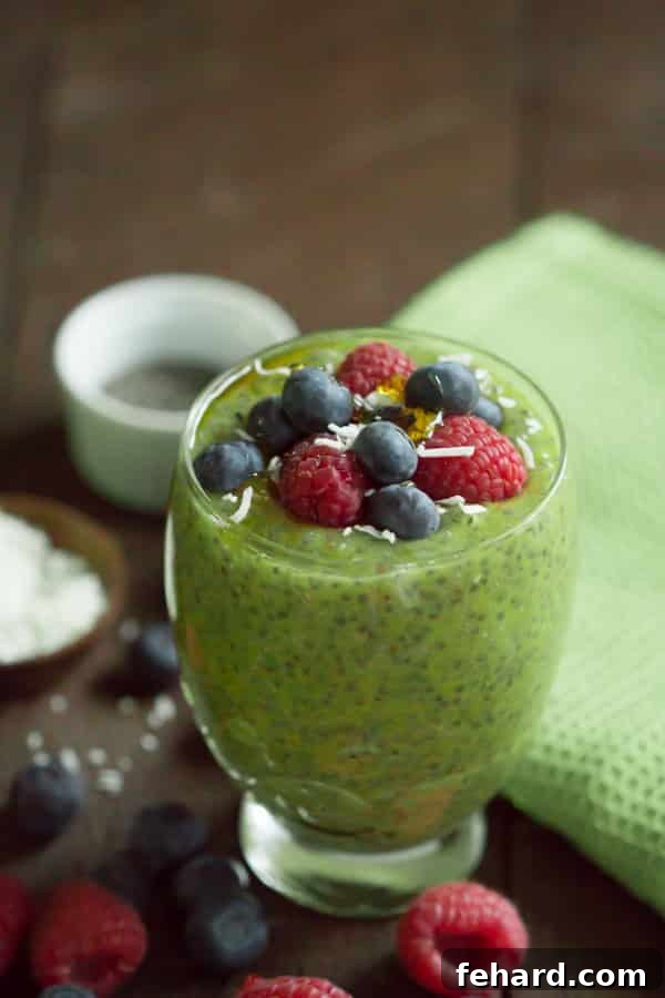 A beautiful glass serving cup filled with layers of creamy kiwi chia pudding, artfully topped with fresh blueberries, juicy raspberries, and delicate flakes of coconut.
