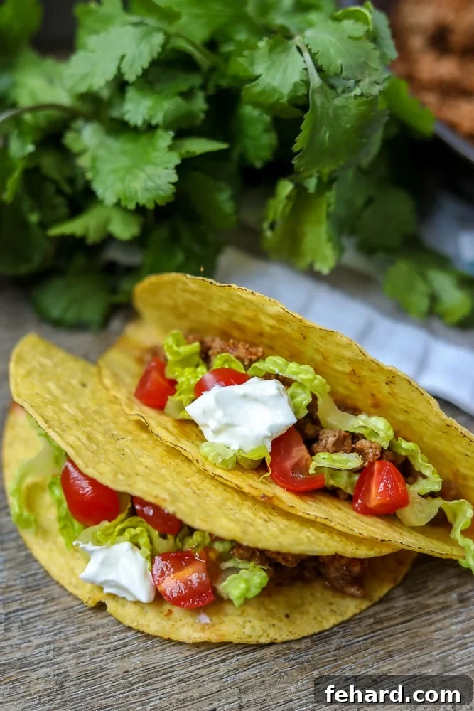 Two perfectly assembled tacos, garnished with fresh cilantro and lime wedges, showcasing the delicious taco meat inside.