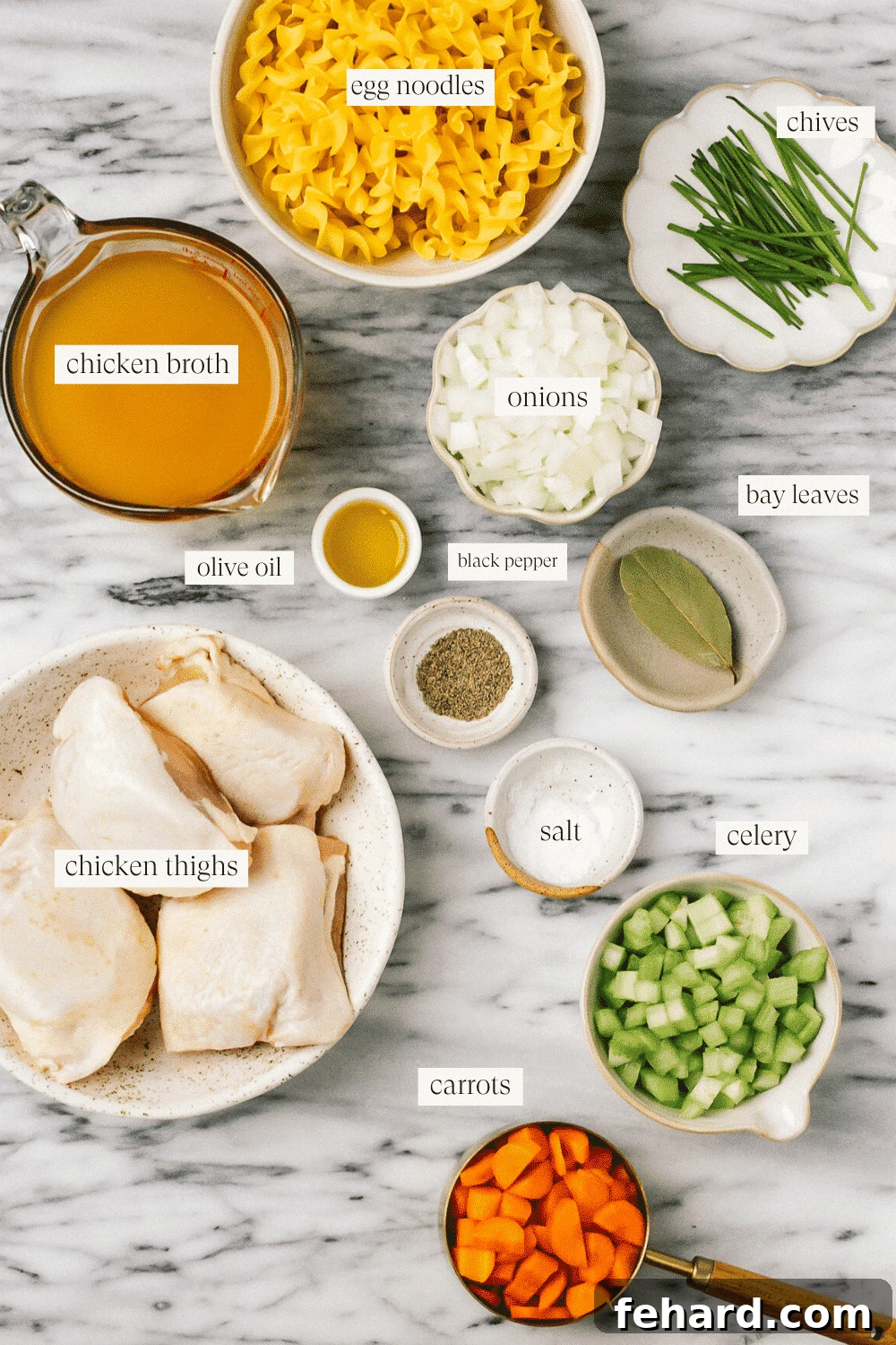 Ingredients for chicken noodle soup.