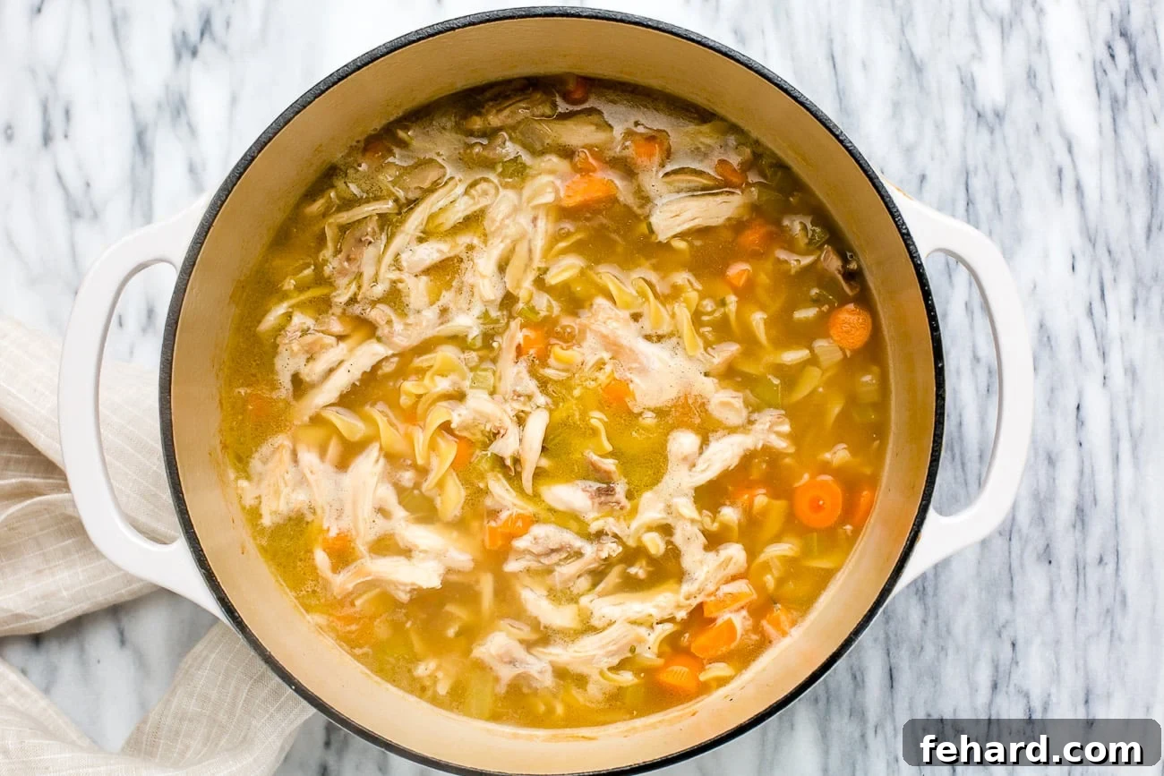Egg noodles cooking in soup.