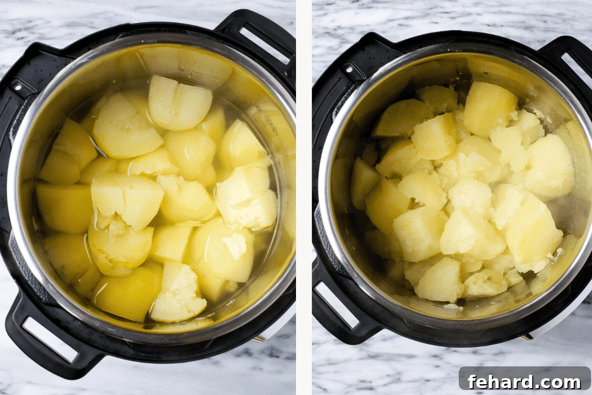Left: cooked potatoes in water in the Instant Pot. Right: drained potatoes returned to the Instant Pot after cooking.