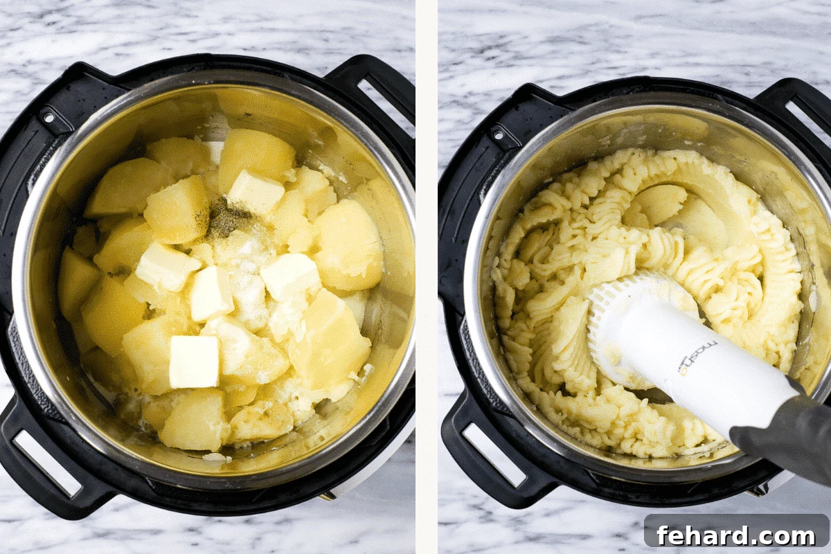 Left: butter, cream, and seasonings added to cooked potatoes in the Instant Pot. Right: mashing the potatoes to a smooth consistency.