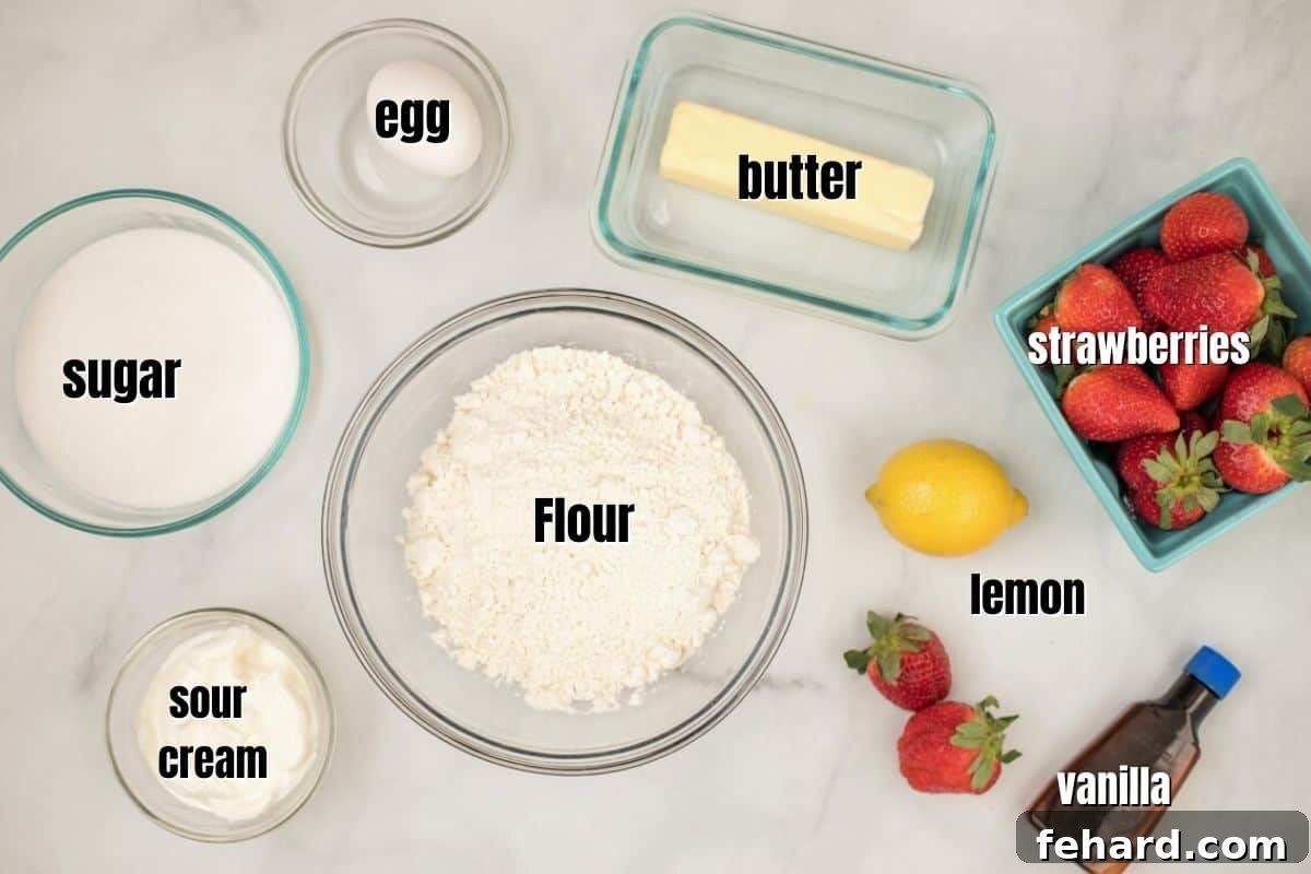 Strawberry Crumb Bars Ingredients Labeled ingredients for Strawberry Crumb Bars laid out on a kitchen counter, including fresh strawberries, butter, flour, sugar, and sour cream.