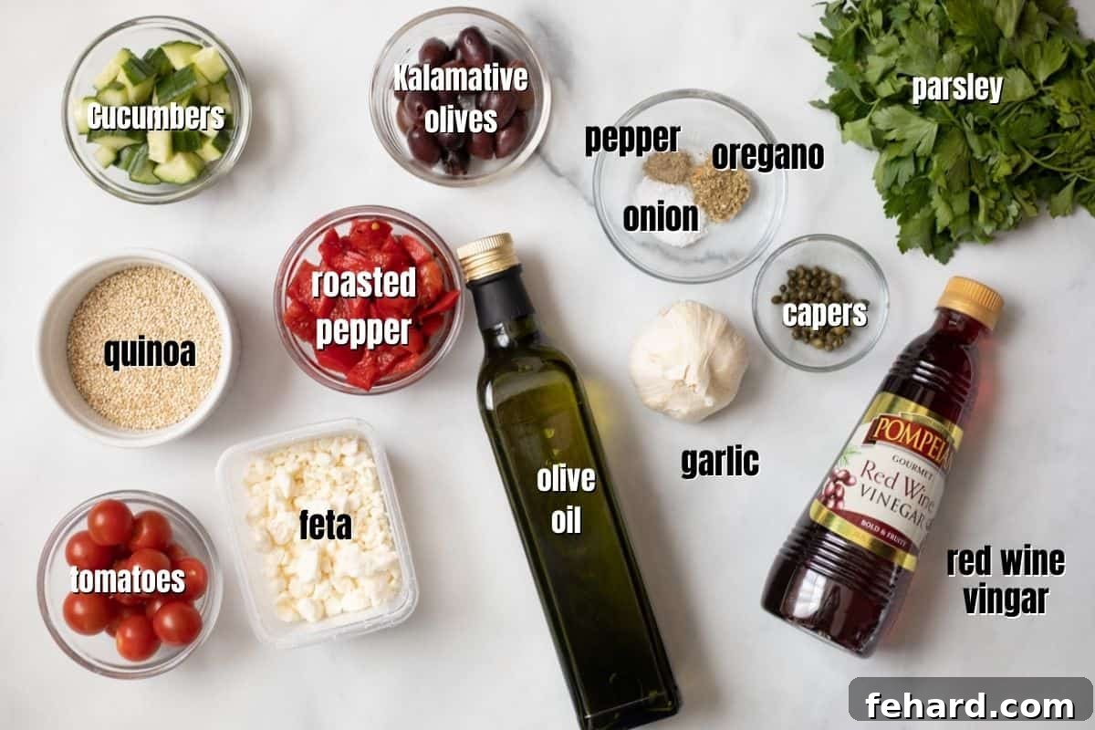 Mediterranean Quinoa Salad Ingredients Various fresh ingredients for Greek quinoa salad laid out on a kitchen counter, clearly labeled.