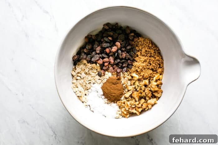 Comforting Apple Raisin Oatmeal Bake 4 All dry ingredients for the baked oatmeal, including oats, sugar, spices, and raisins, precisely measured into a large mixing bowl, ready for combining.