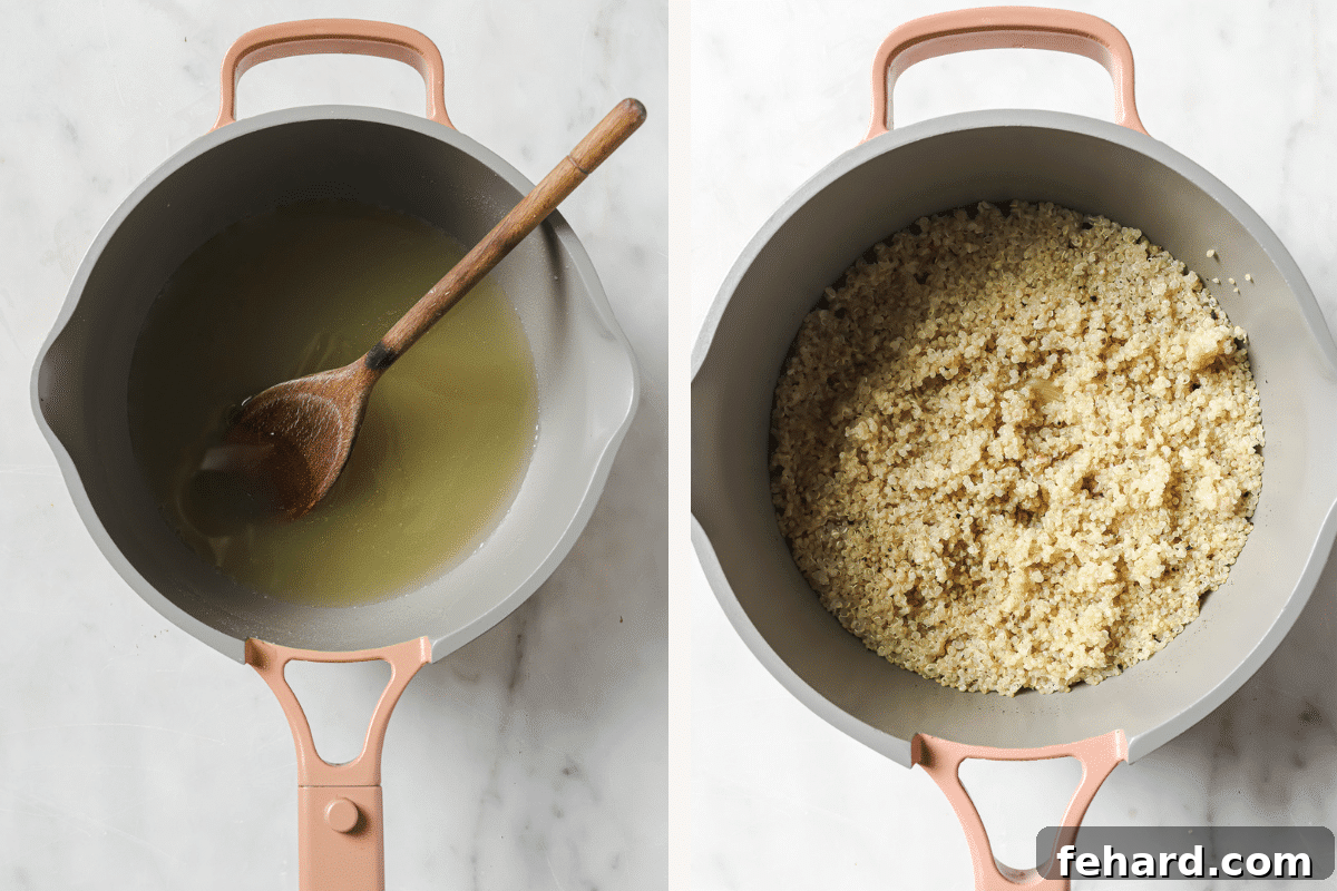 Left image shows aromatic broth heating in a pot with a wooden spoon. Right image displays the same pot filled with fluffy, cooked quinoa after simmering.