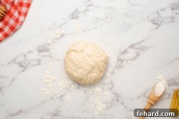 Spinach Pizza 6 Homemade pizza dough on floured surface after kneading.