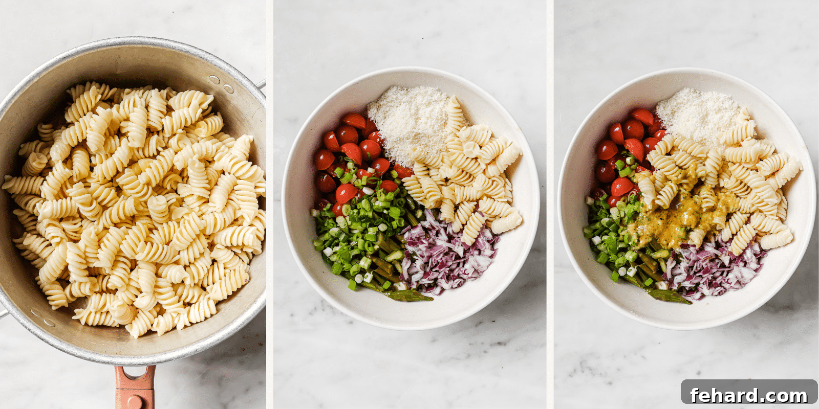 Vibrant Asparagus Pasta Salad 4 A three-panel image showing the progression of making asparagus pasta salad: left, cooked pasta in a bowl; center, all salad ingredients in a large bowl before dressing; right, the finished pasta salad after dressing has been added and tossed.