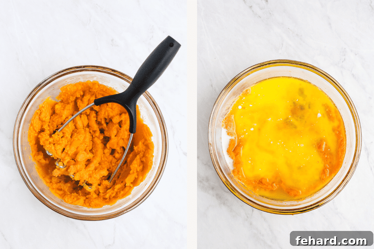 Side-by-side photo showing a bowl of mashed sweet potato mixture with added ingredients ready to be mixed, alongside a bowl with all the liquid ingredients.