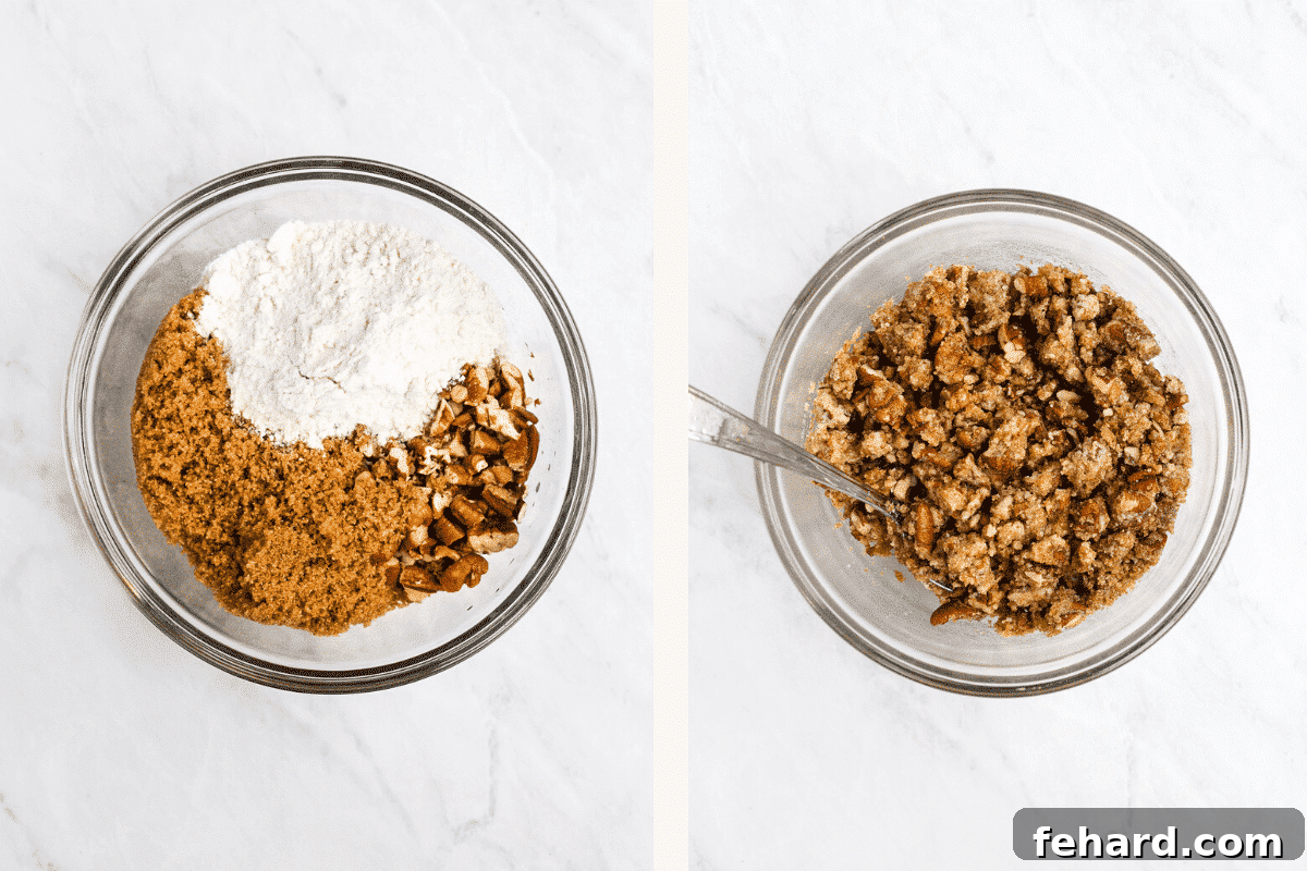 Side-by-side photo showing the topping ingredients in a bowl, before and after being mixed to form a coarse streusel.