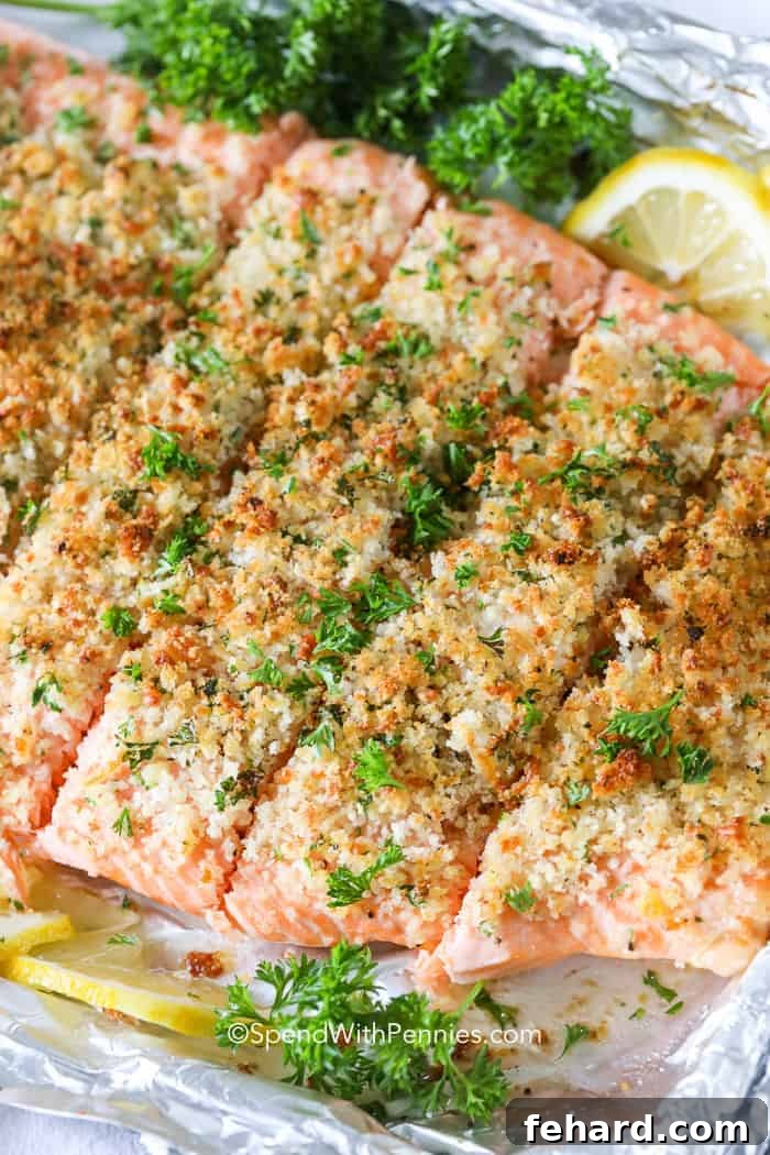 Any Night Salmon Dinner Recipes Baked Pan Seared or Broiled 21 An overhead view of a succulent salmon fillet, baked to perfection on a baking sheet.
