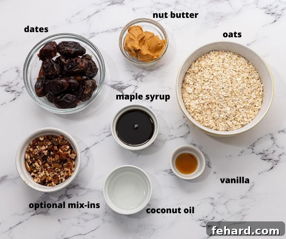Recipe Granola Bar Ingredients Layout A vibrant selection of key ingredients for homemade granola bars artfully laid out on a kitchen countertop: whole rolled oats, plump pitted dates, creamy nut butter, golden maple syrup, clear coconut oil, and a bottle of vanilla extract. This visual highlights the natural and wholesome nature of the ingredients.