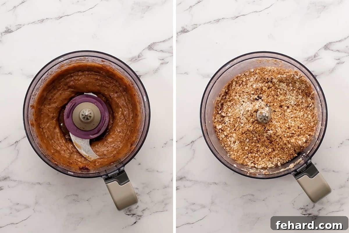 Food Processor Granola Bar Base Mixture Two side-by-side images within a food processor: the first shows dates processed into a thick paste, and the second shows the mixture after oats have been added and partially combined, illustrating the transformation process.
