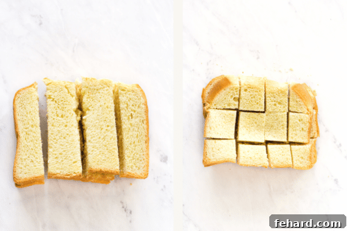 Left: brioche bread cut into strips. Right: brioche bread cut into cubes.
