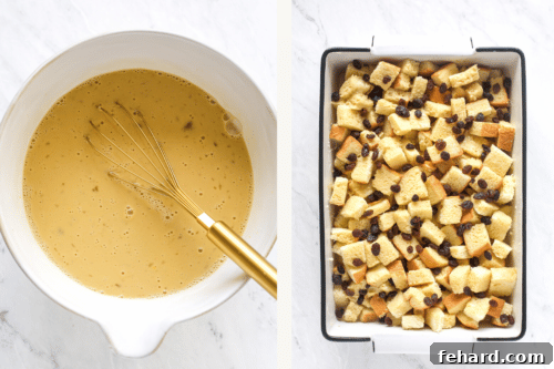 Left: whisking egg mixture. Right: brioche cubes and raisins in a casserole dish.