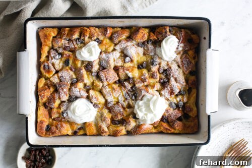 Overhead view of a French toast casserole in a baking dish.