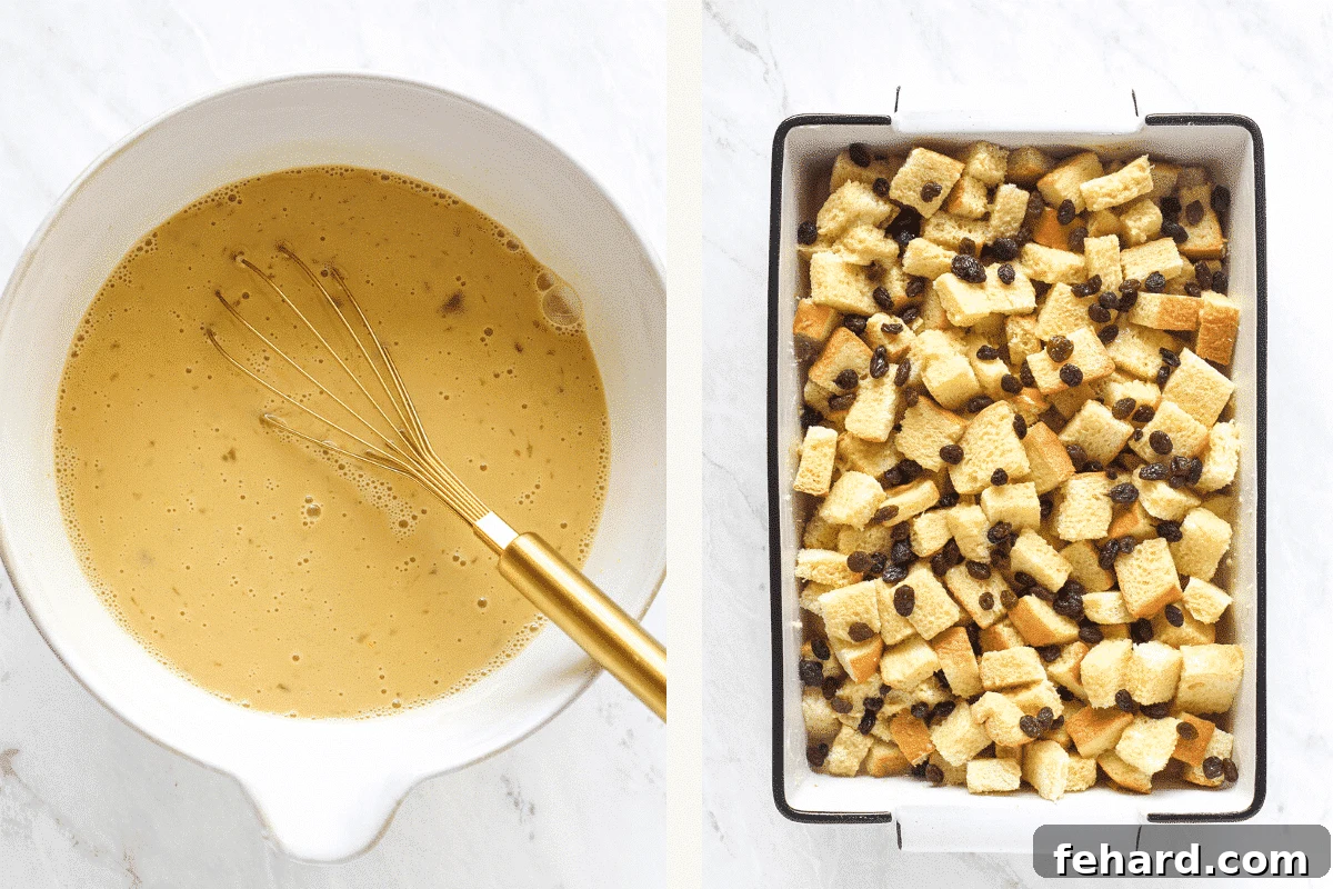 Left panel shows a hand whisking the egg, milk, and sugar mixture in a bowl. Right panel shows cubed brioche bread and scattered raisins in a casserole dish, ready for the custard.