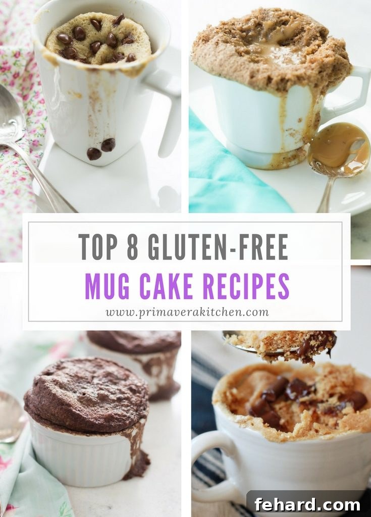 Collage of 8 different Gluten-Free Mug Cake Recipes, showing various flavors.
