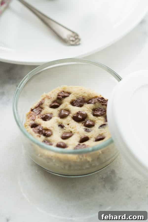 Close-up of a perfectly cooked Gluten-free Mug Cake On-the-Go with chocolate chips.