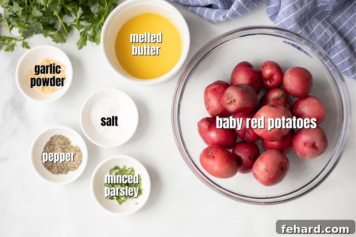 Labeled ingredients for smashed potatoes laid out on a kitchen counter.
