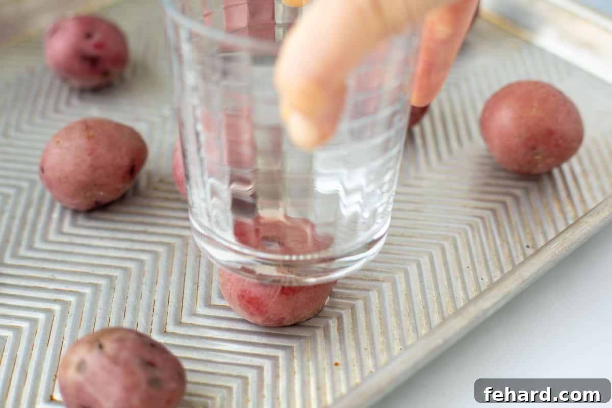 A cup gently pushing down on boiled baby red potatoes on a baking sheet.