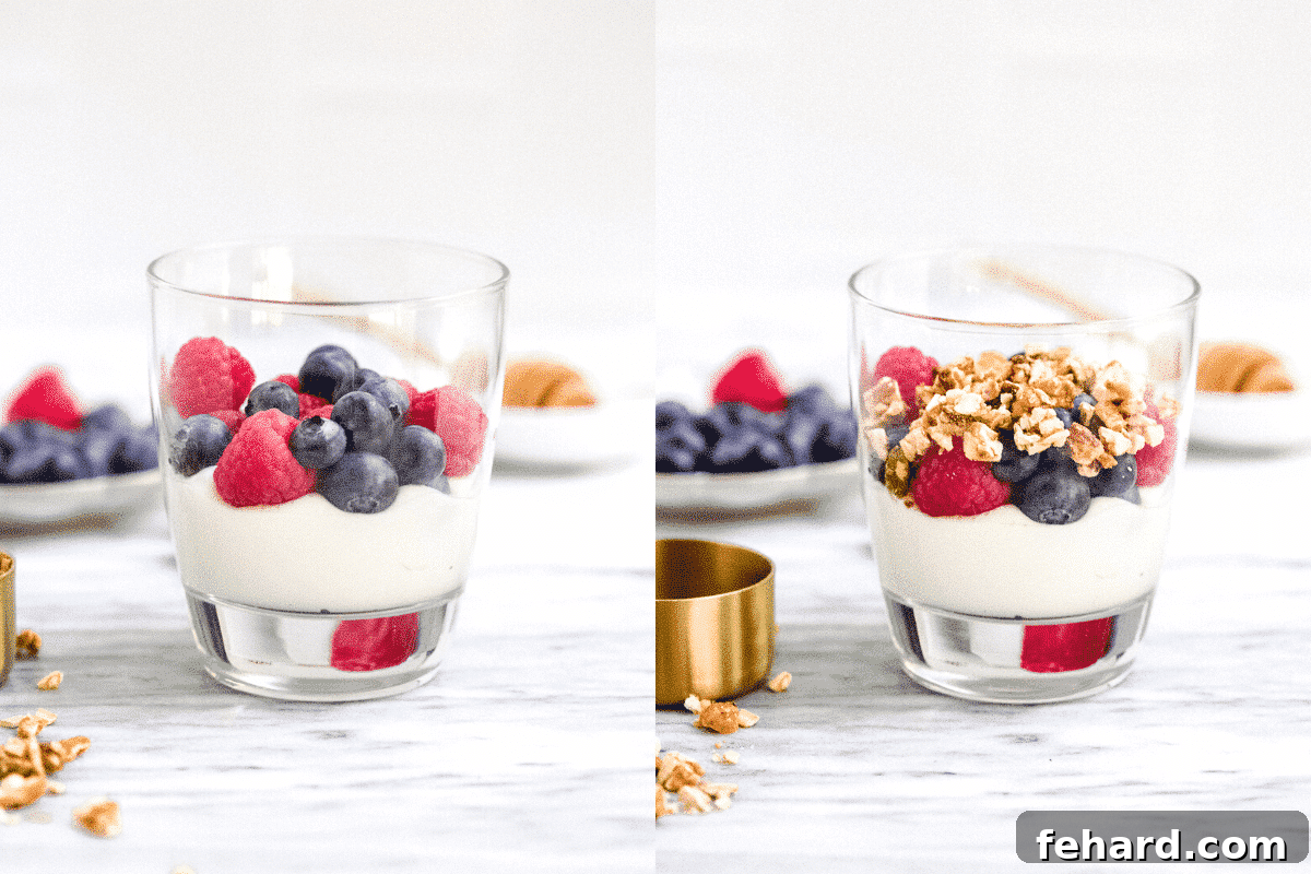 Titled photo collage showing stages of making a yogurt parfait, from layering ingredients to the final product.