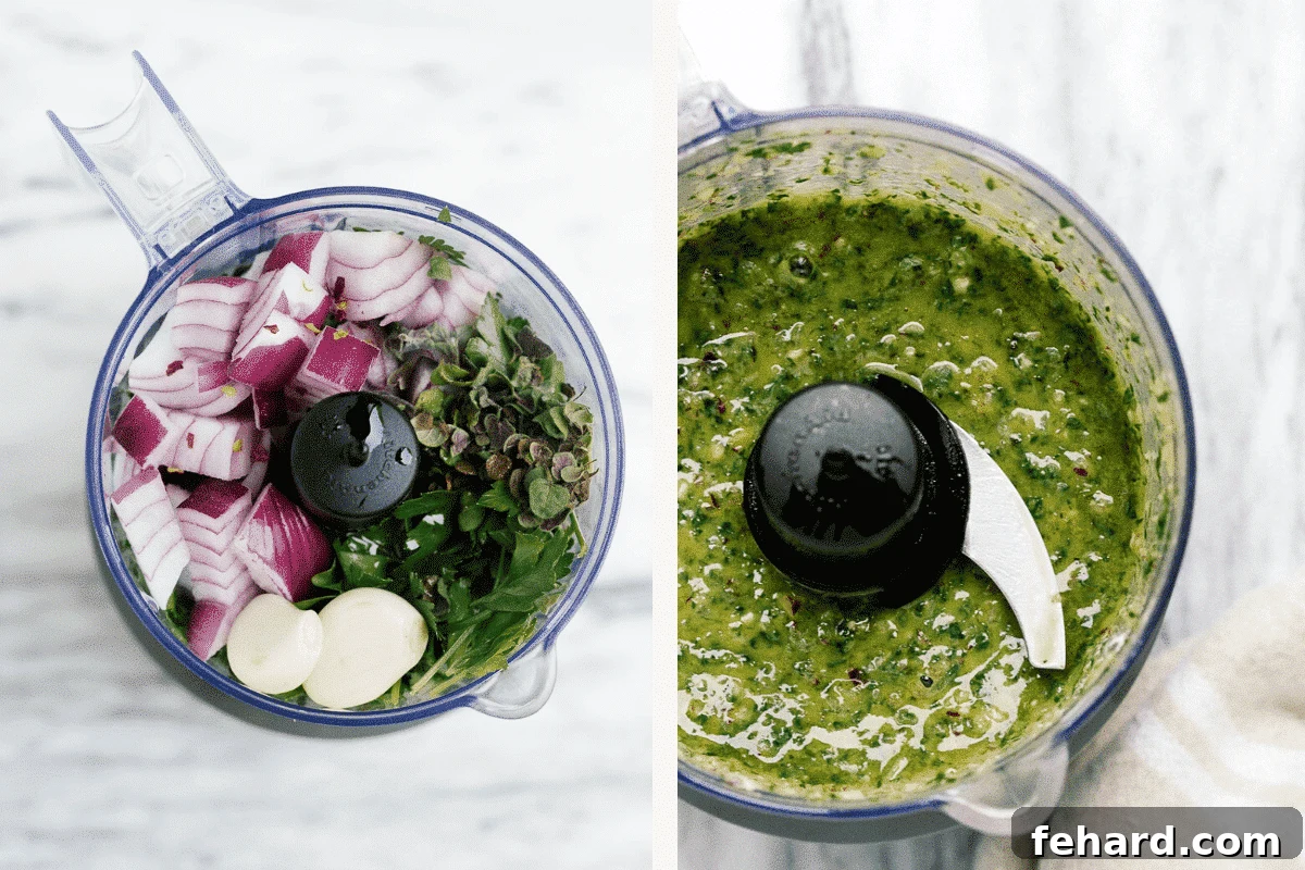 Fresh chimichurri ingredients, including parsley, garlic, and red pepper flakes, placed inside a food processor ready for blending.