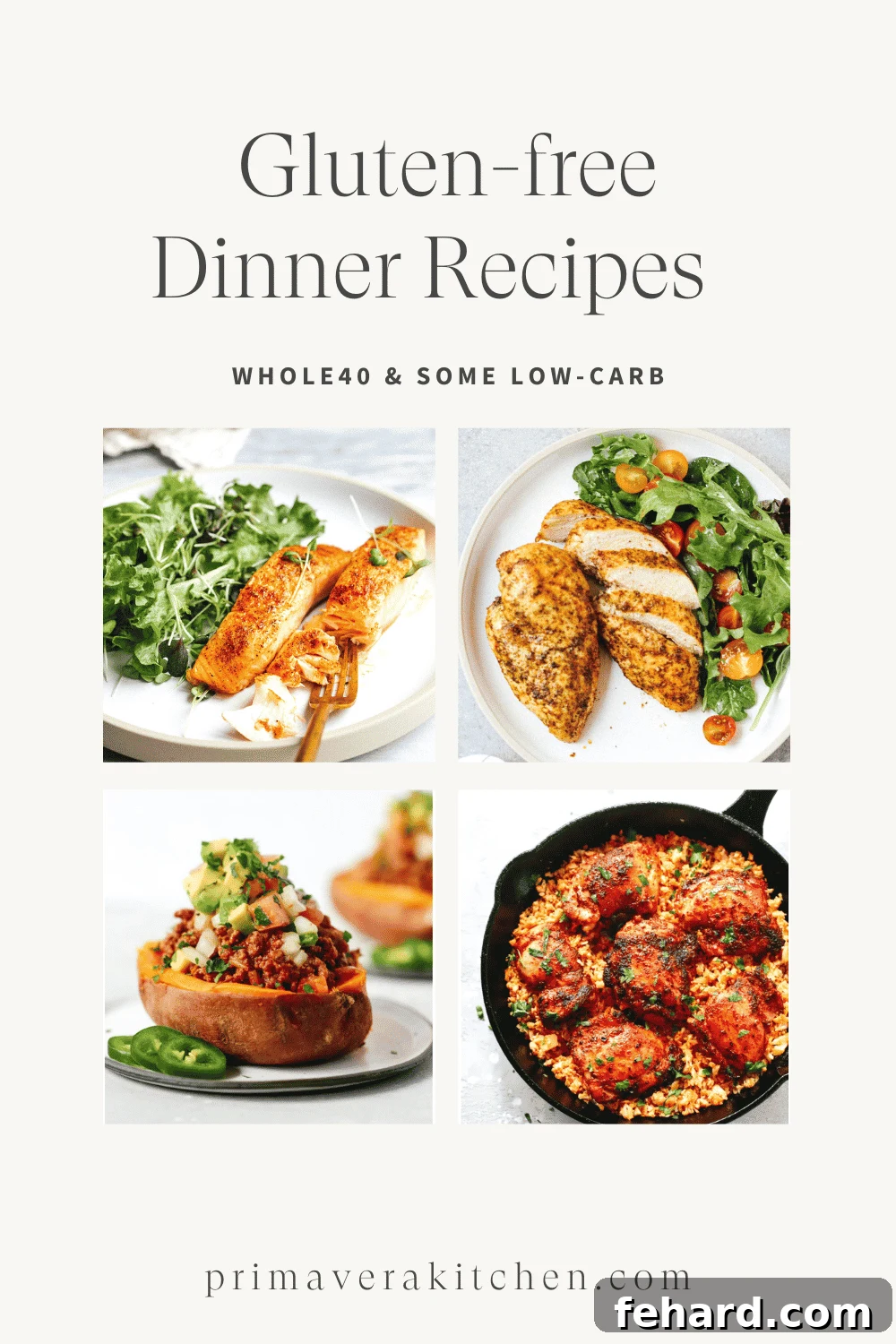 Flavorful Gluten-Free Dinners 2 A vibrant photo collage showcasing various gluten-free dinner recipes, including salmon, chicken, and salads.