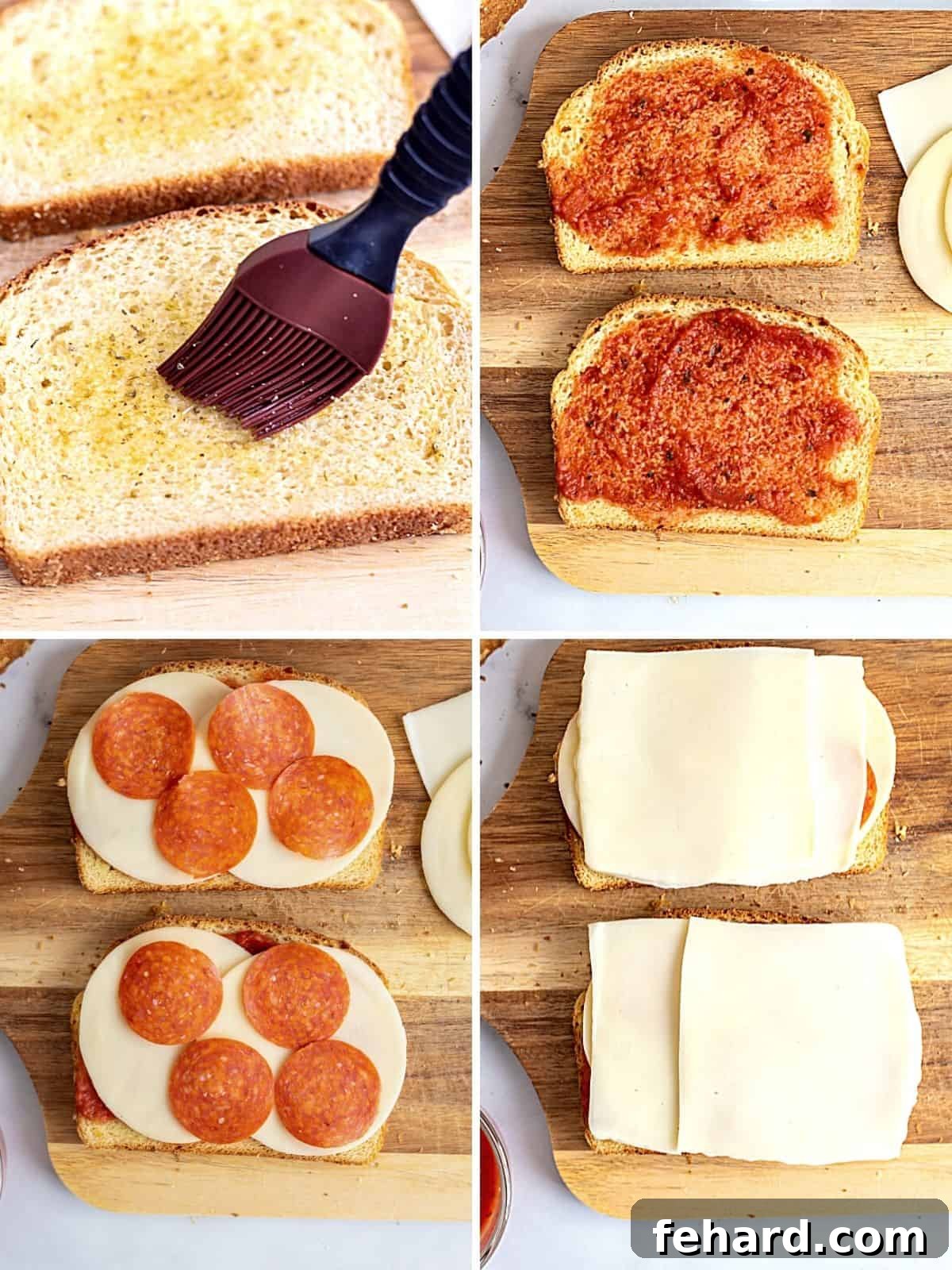 Pepperoni Pizza Grilled Cheese Collage of 4 pictures showing layering bread with cheese and pepperoni.