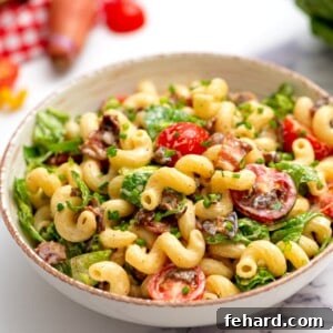 Ultimate BLT Pasta Salad 3 Close up of a bowl of creamy BLT pasta Salad, showcasing the delicious ingredients.
