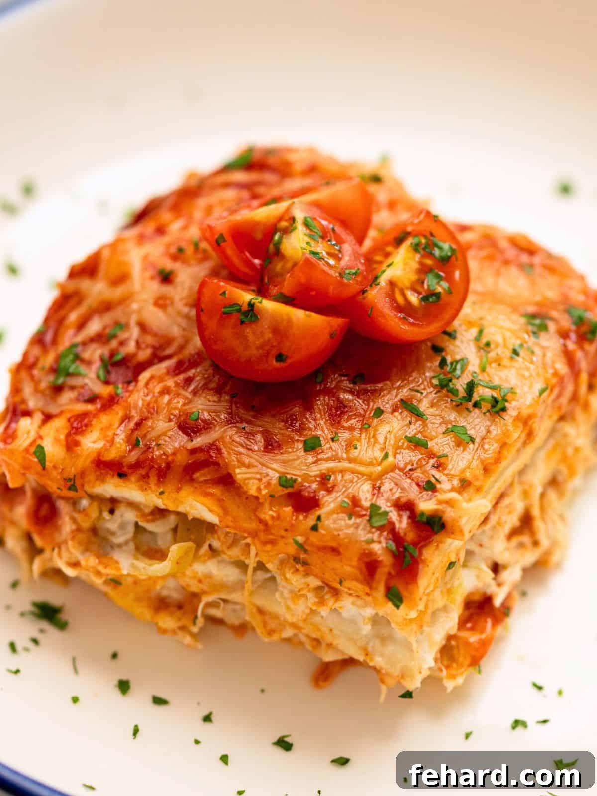 A delectable slice of baked chicken enchilada casserole, showcasing golden-brown cheese and creamy layers, served on a plate.