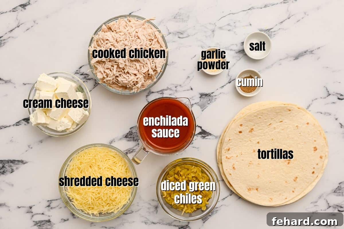 Ingredients for chicken enchilada casserole neatly labeled and arranged on a kitchen counter.